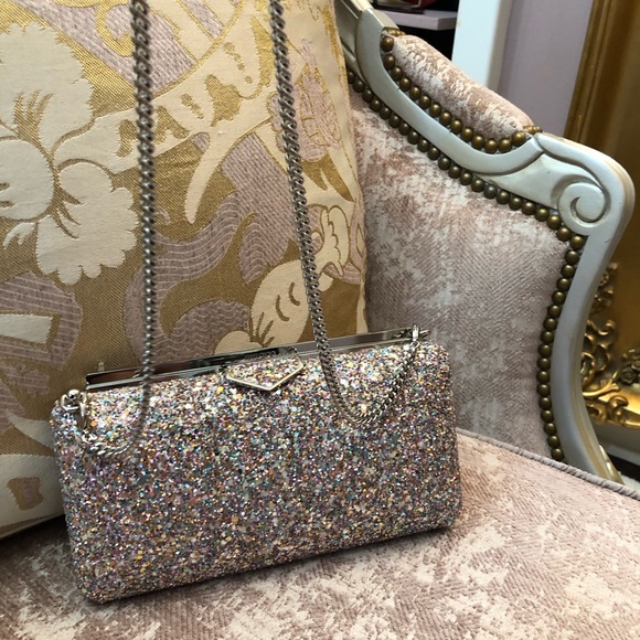 Jimmy Choo Silver Sparkle Clutch with pink n mint green - Picture 2 of 9